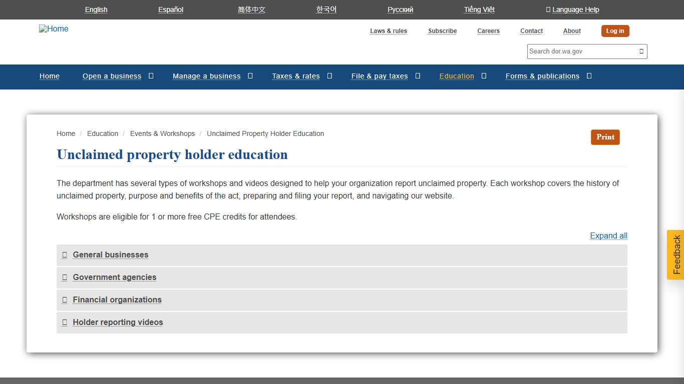 Unclaimed property holder education Washington Department of Revenue